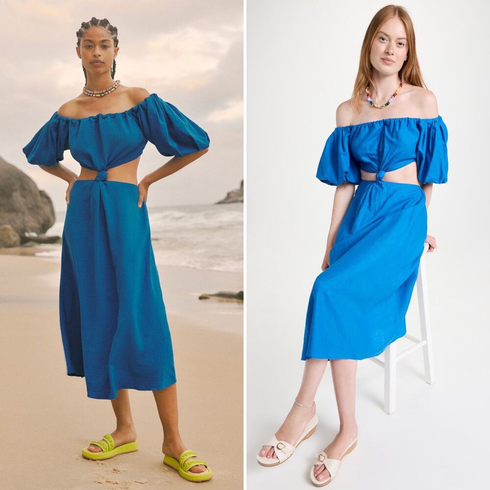 Farm Rio Cutout Knot Waist Linen Blend Puff Sleeve Blue Midi Dress Size M - Picture 14 of 14